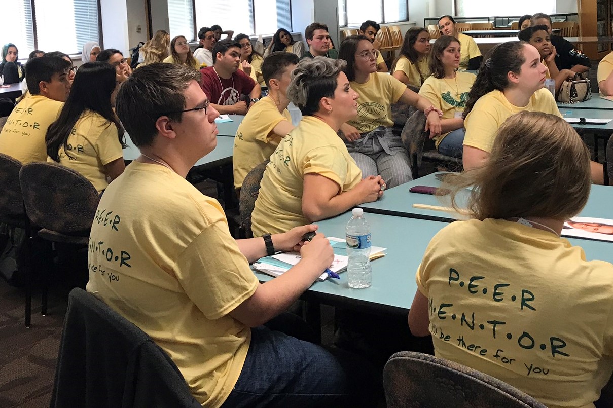 Peer mentors listening at training