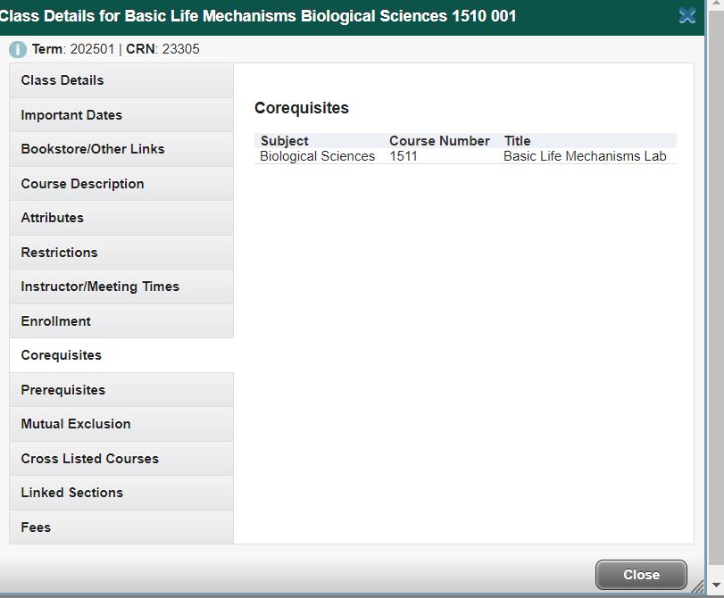 Class Details panel Corequisites tab