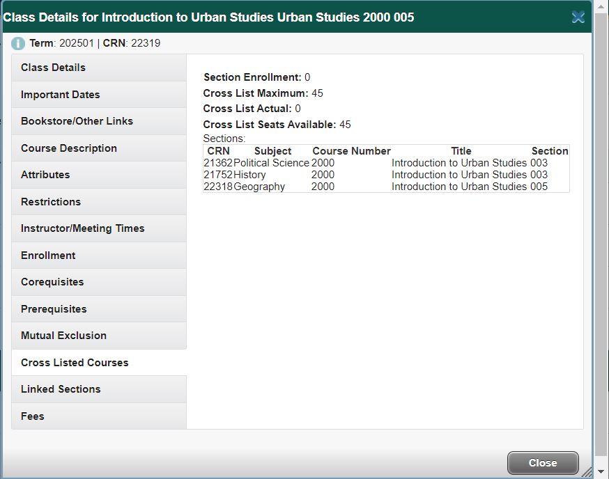 Class Details Cross Listed Courses tab